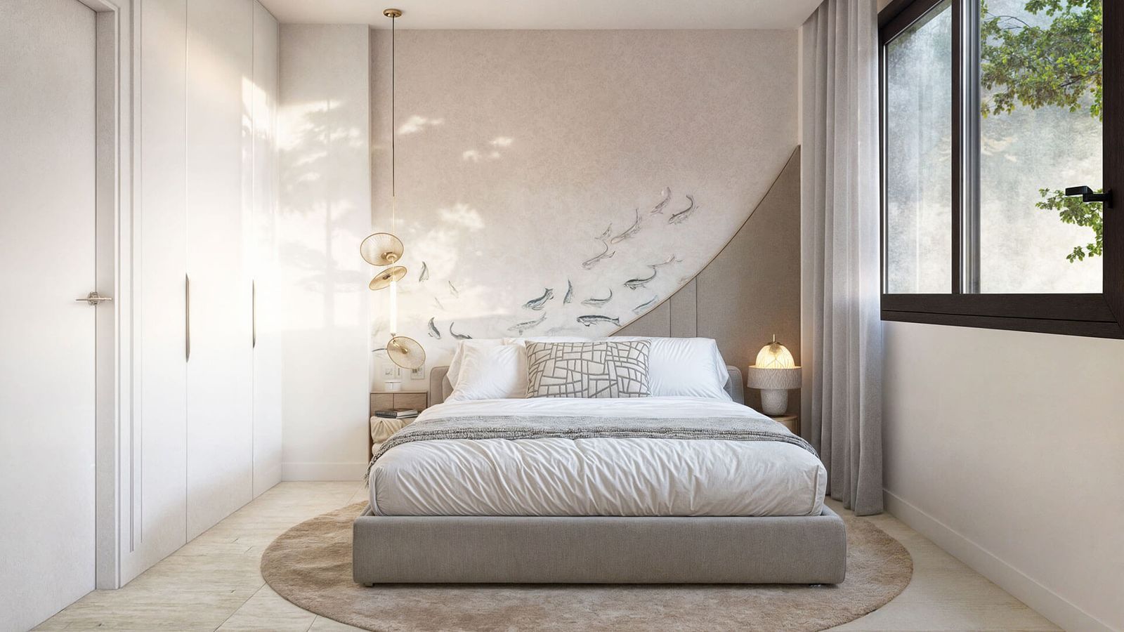 Moderne slaapkamer met rustgevende visdecoratie en minimalistisch ontwerp.